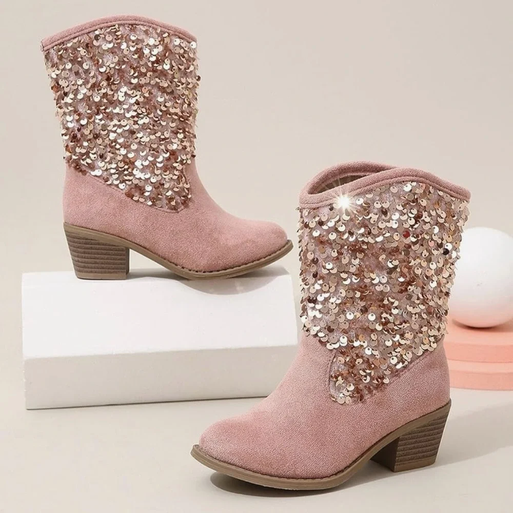 Girls Cowgirl Sequin Embellished Pink Ankle Boots